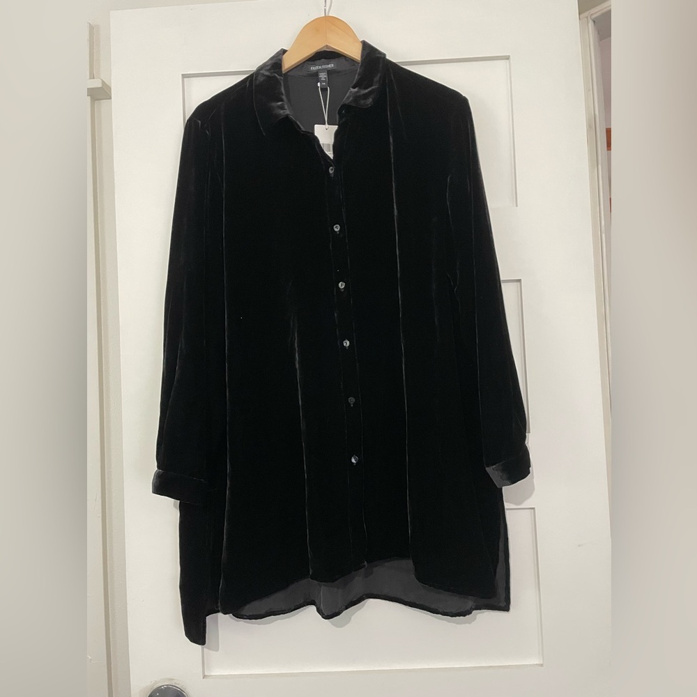 Eileen Fisher Classic Collar long shirt Black Velvet Size L NWT